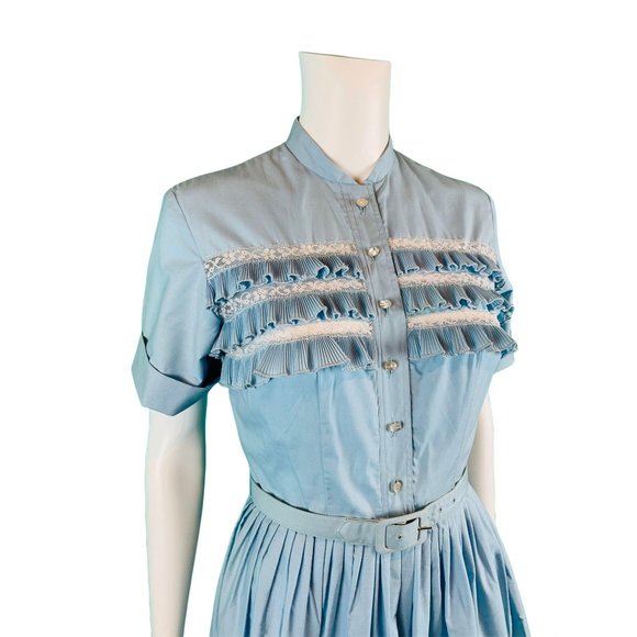 Vintage 1960s Shirtdress Light Blue Ruffle Full Skirt Dress | W 24" - Picture 5 of 10
